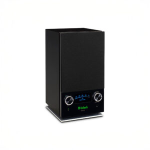 High-end black stereo speaker system.