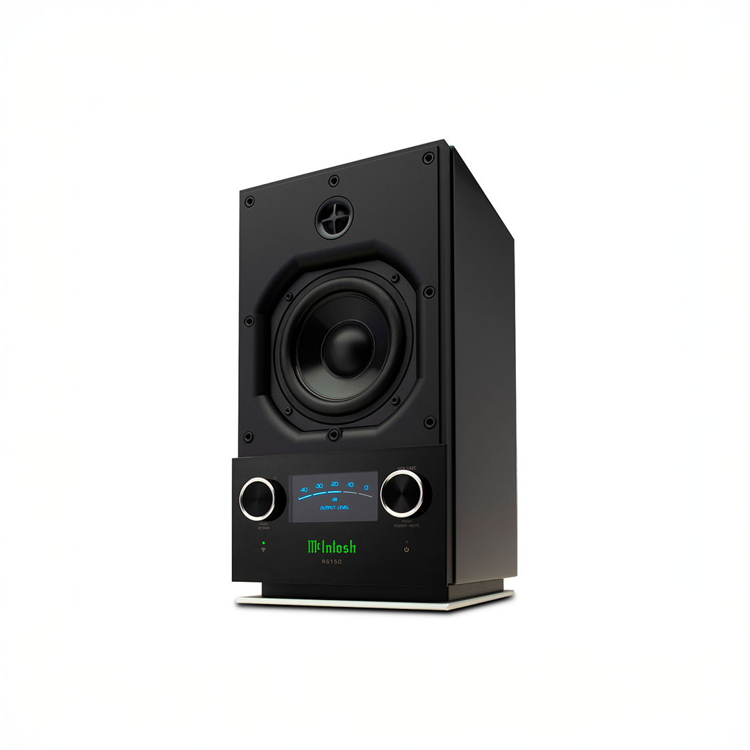 Black McIntosh speaker with controls and digital display.