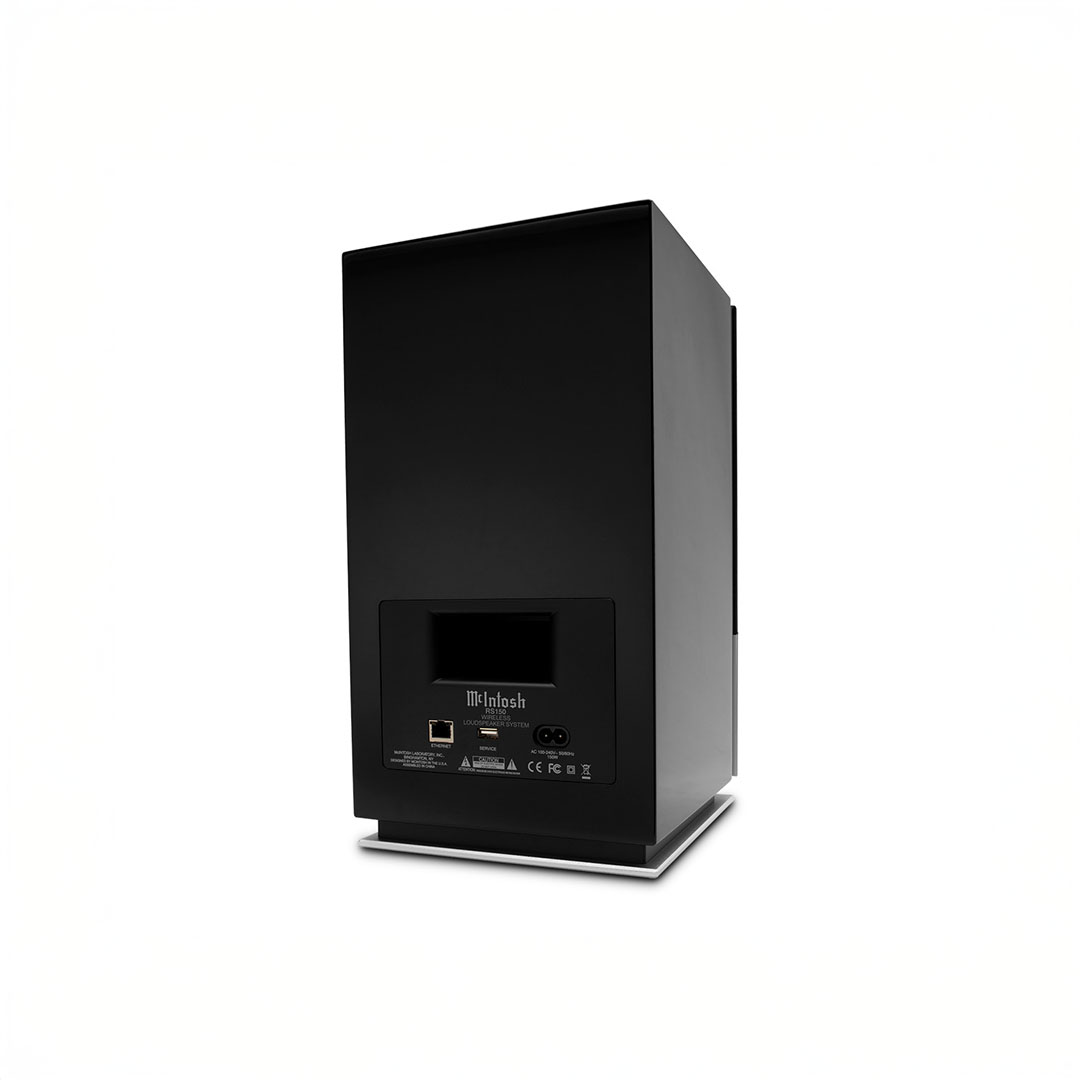 Back view of black audio speaker