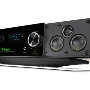 Close-up of wireless loudspeaker system with volume control.