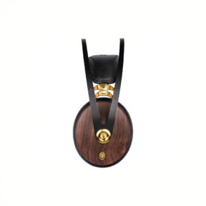 Stylish wooden headphones with leather headband.