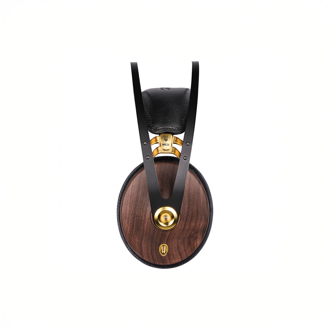 Stylish wooden headphones with leather headband.