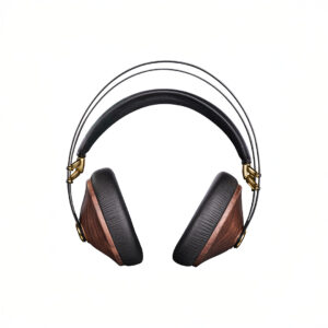 Black and wooden over-ear headphones on white background.