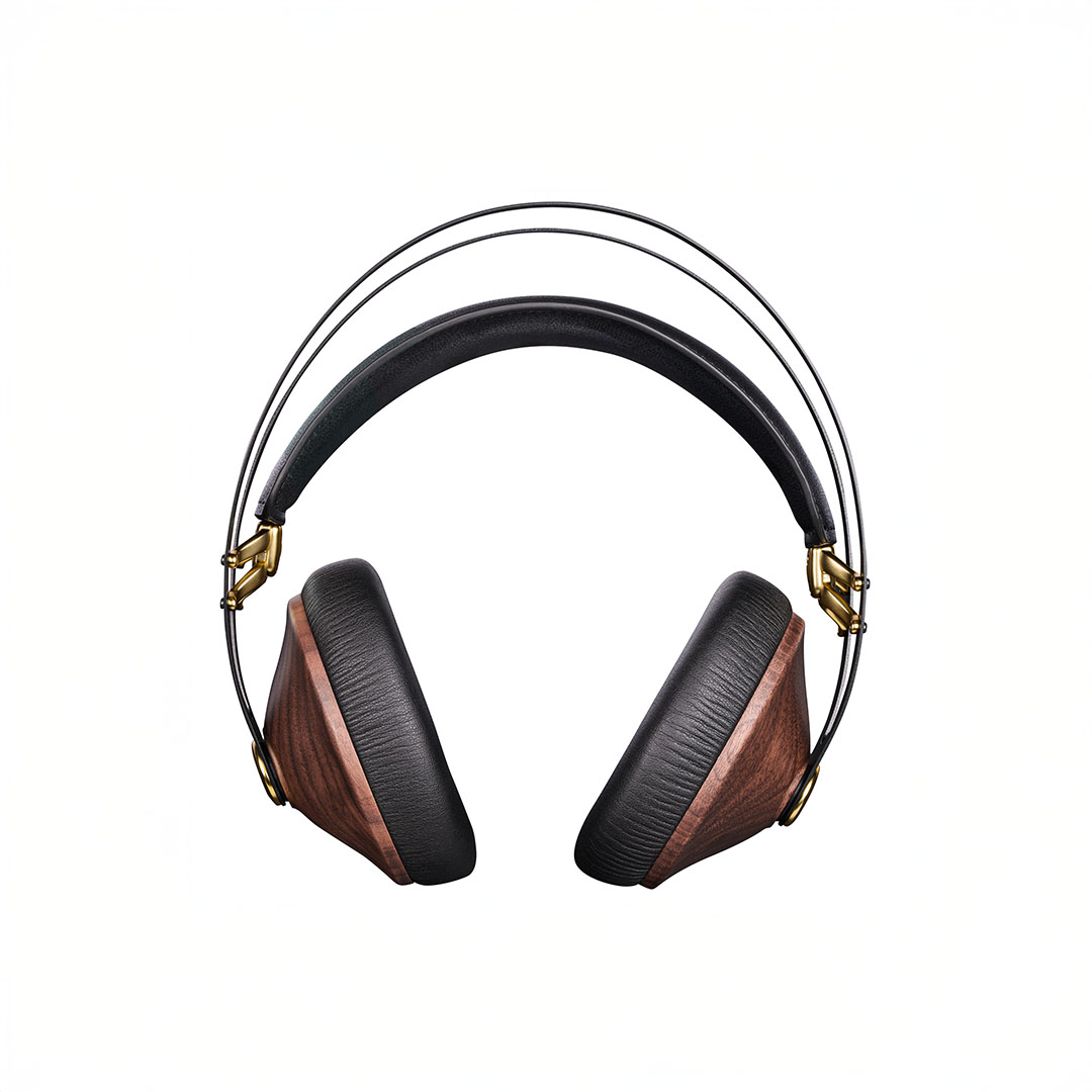 Black and wooden over-ear headphones on white background.