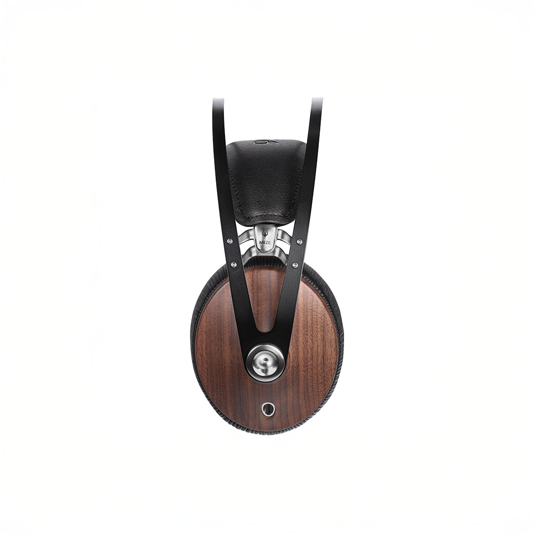 Wooden over-ear headphone viewed from above.