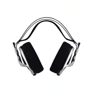 Modern black over-ear headphones on white background.
