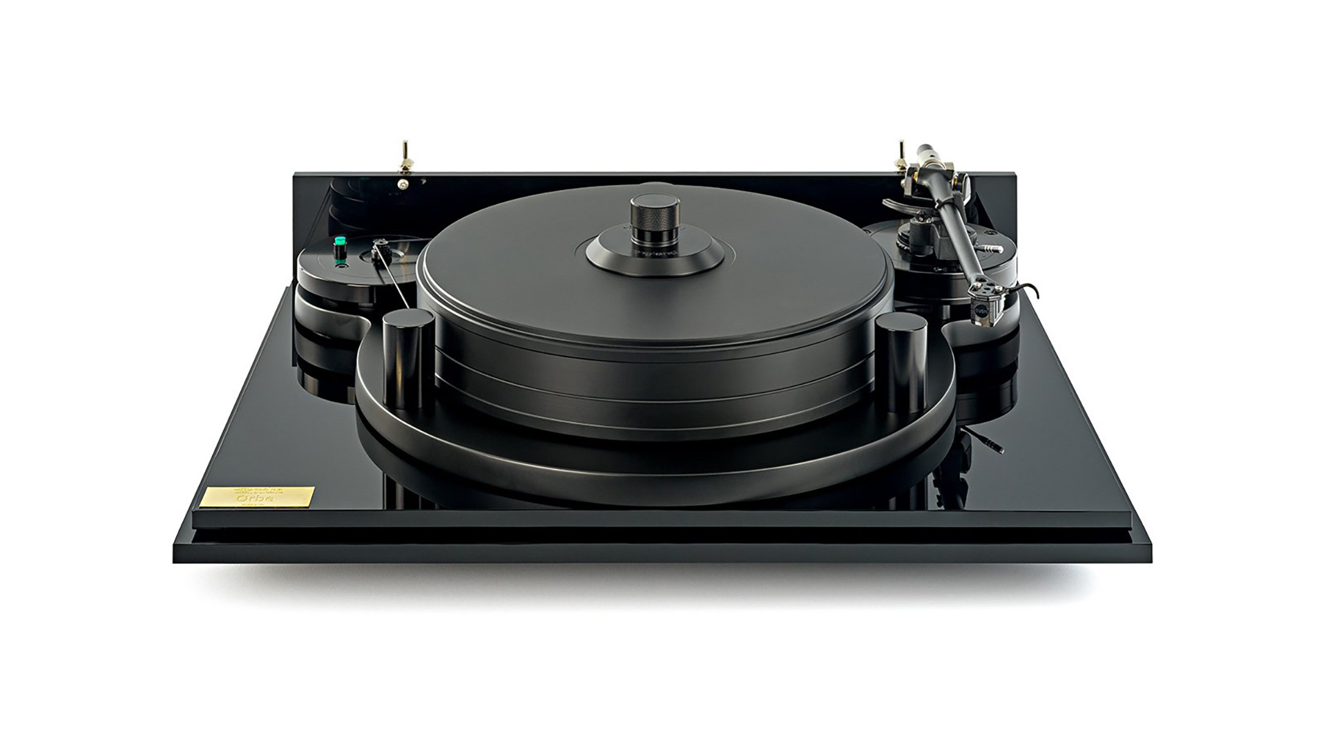 Modern black turntable by Michell on white background