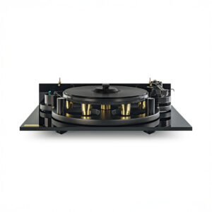 Luxury black and gold turntable with modern design.