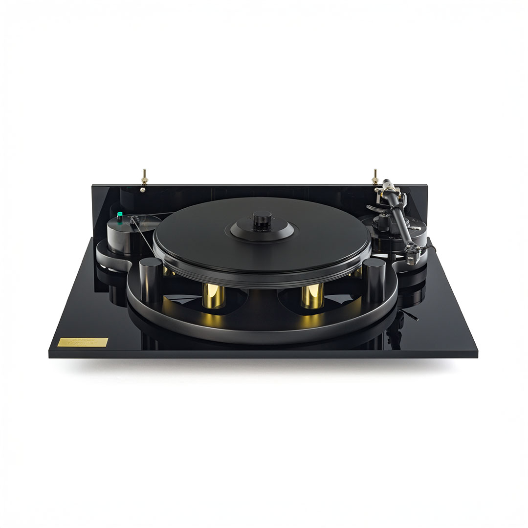 Black turntable with gold accents