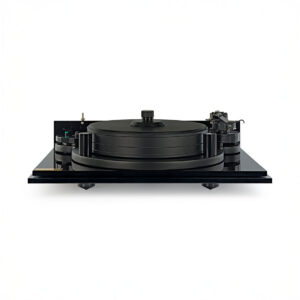 Black vintage turntable on white background