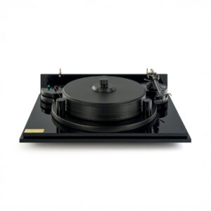 Black high-end turntable on white background.