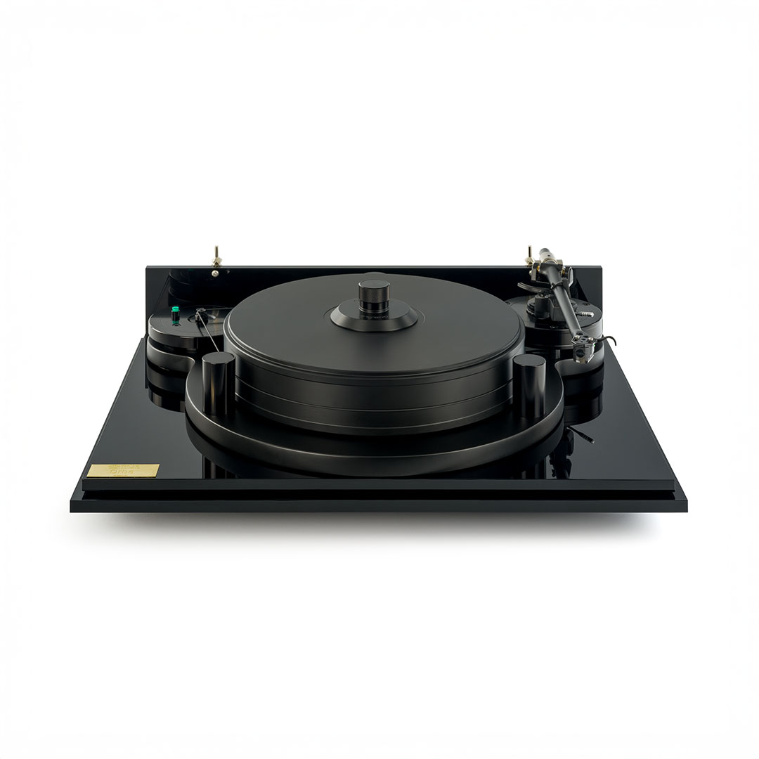 Black high-end turntable on white background.