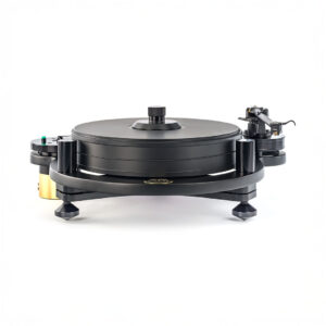 High-end black turntable on white background.