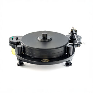 Black turntable with tonearm and platter