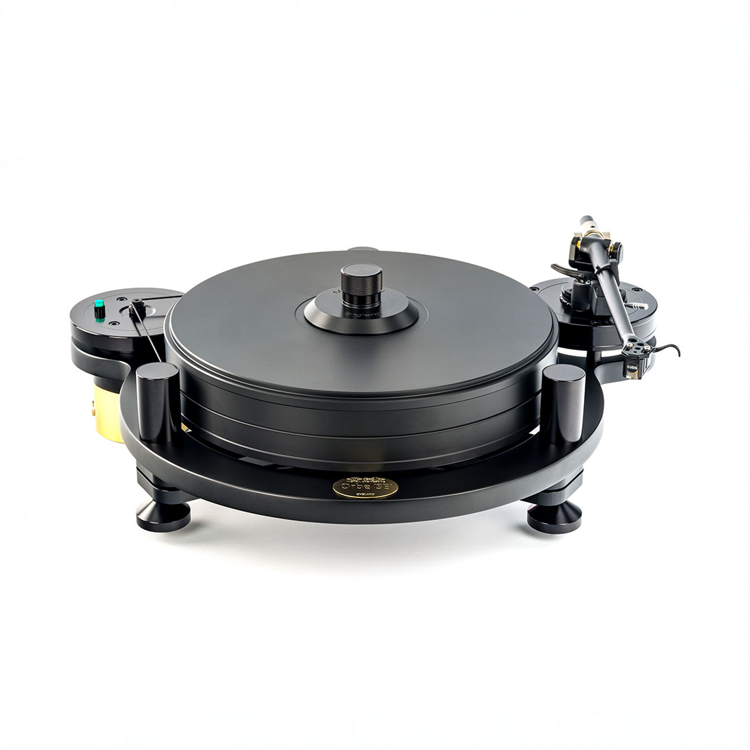 Black turntable with tonearm and platter