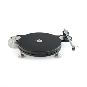 High-end turntable with tonearm and platter.