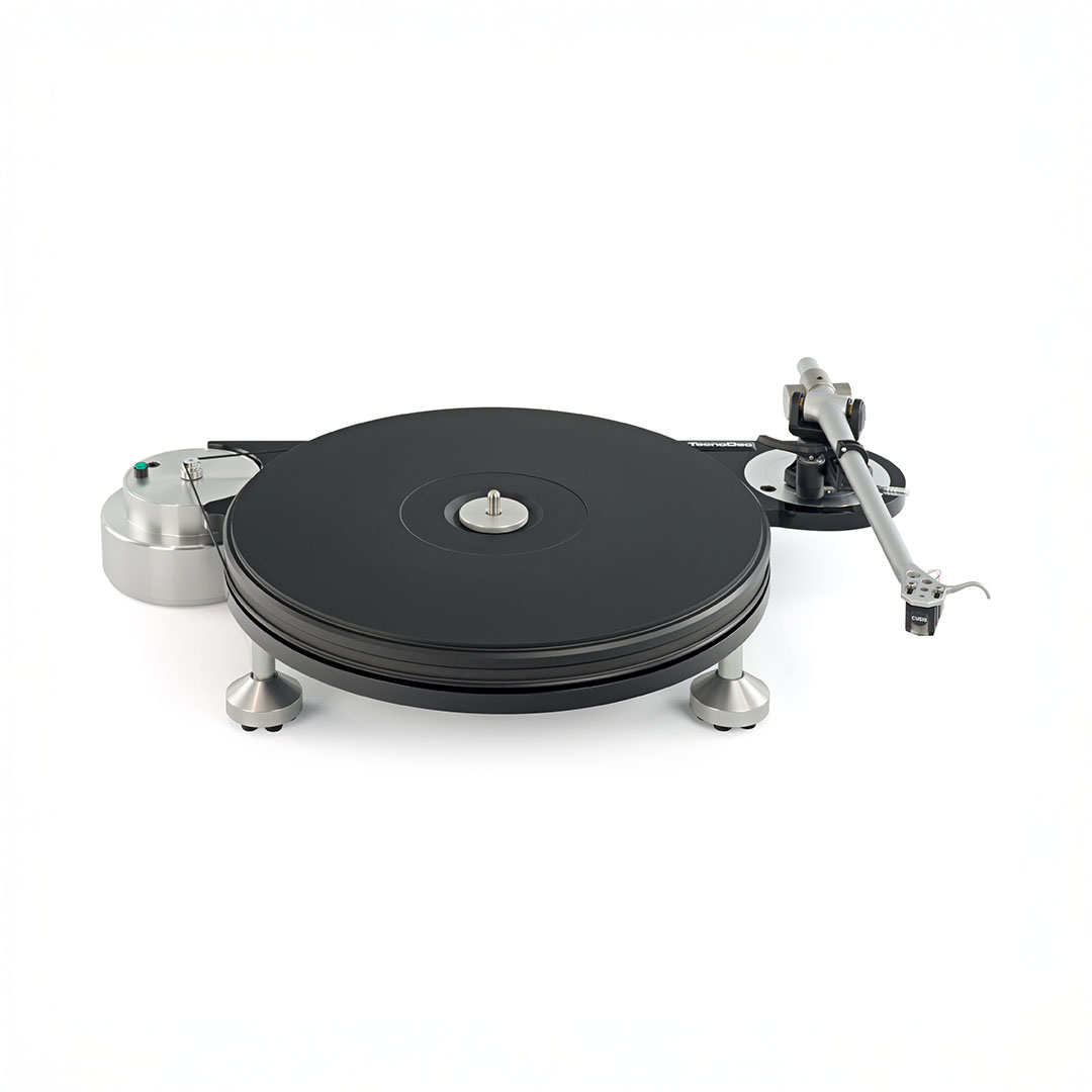 High-end turntable with tonearm and platter.