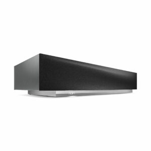 Black soundbar with silver base, modern design.