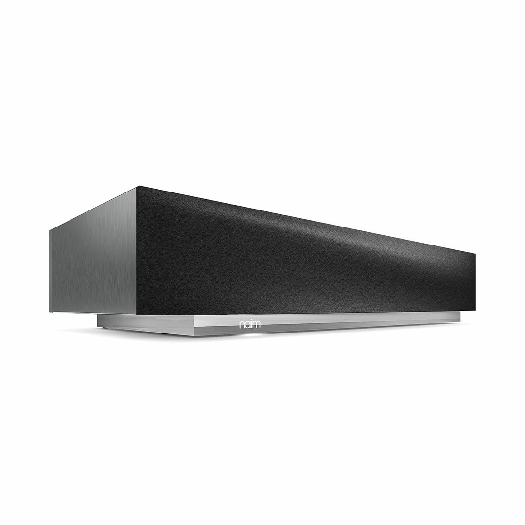 Black soundbar with silver base, modern design.
