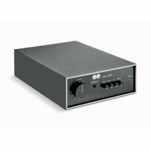 Black audio amplifier with volume controls