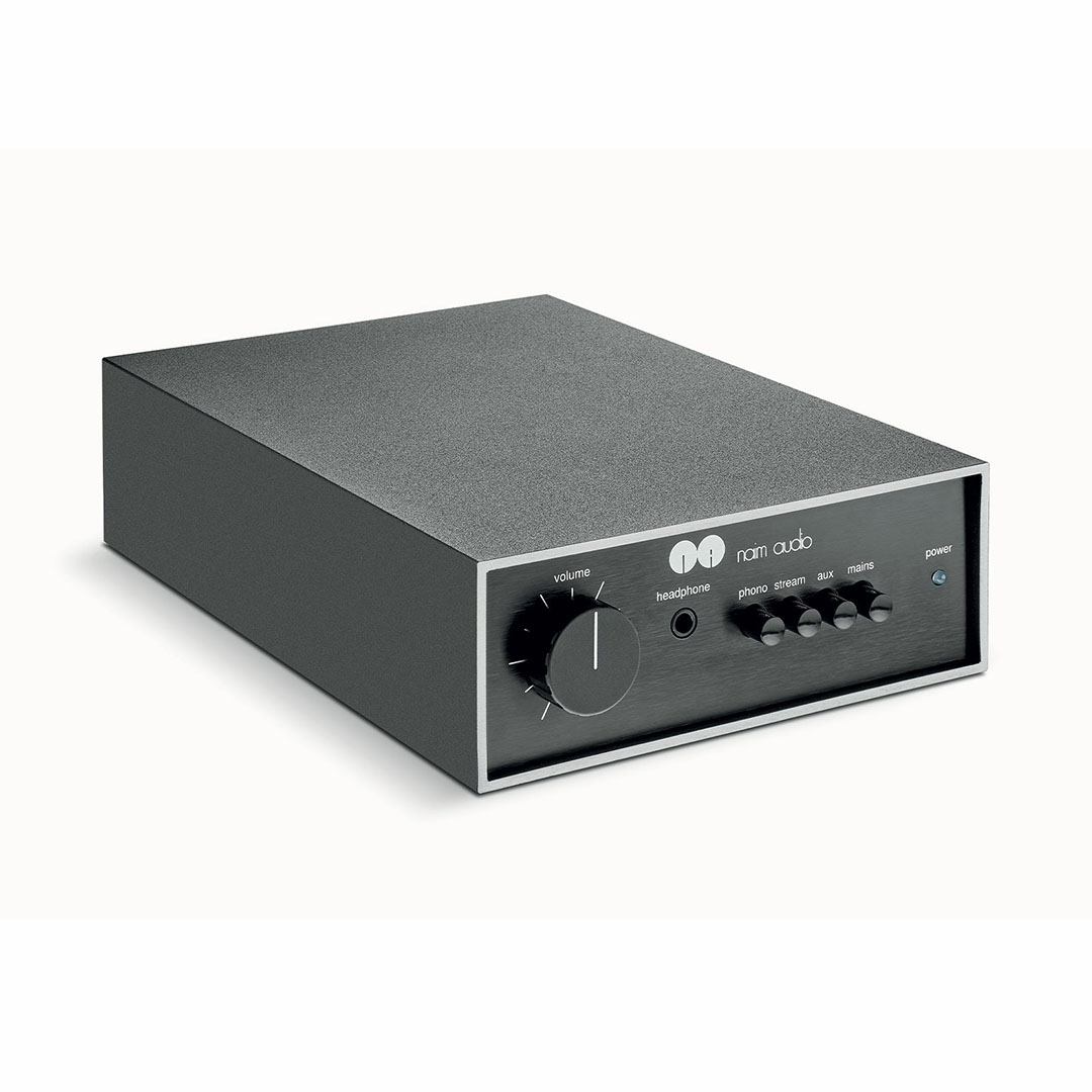 Black audio amplifier with volume controls