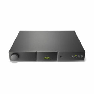 High-end audio amplifier with black finish.