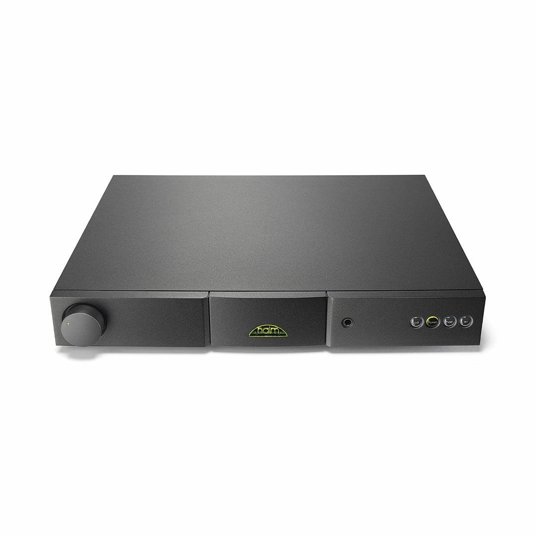 High-end audio amplifier with black finish.