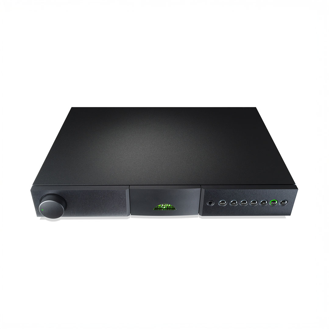 Black audio amplifier with control knobs