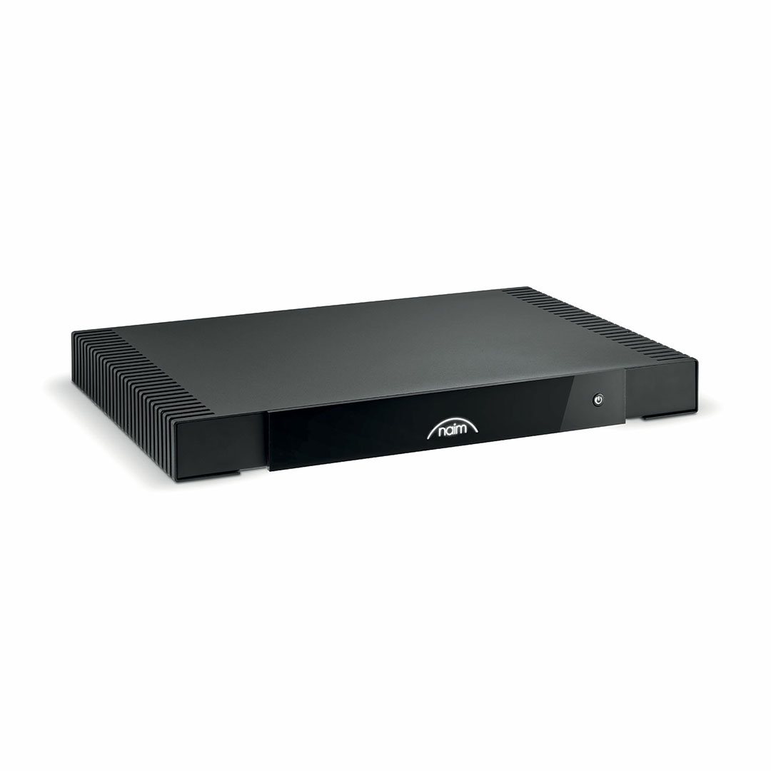 Black audio amplifier with front logo