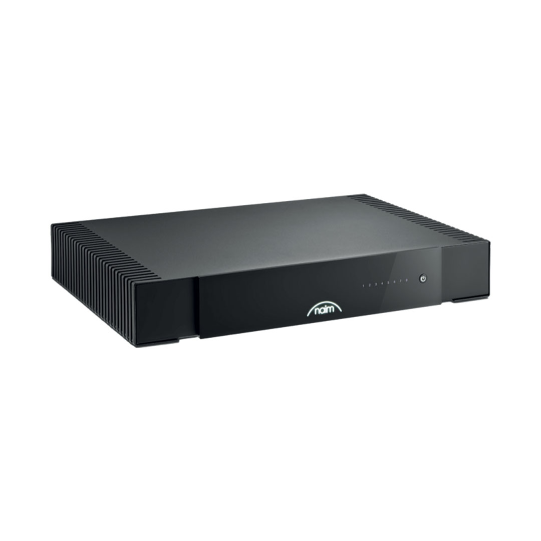 Black audio amplifier with logo