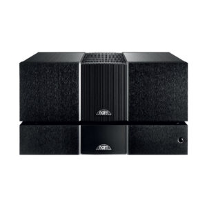 Black Naim audio amplifier on white background.