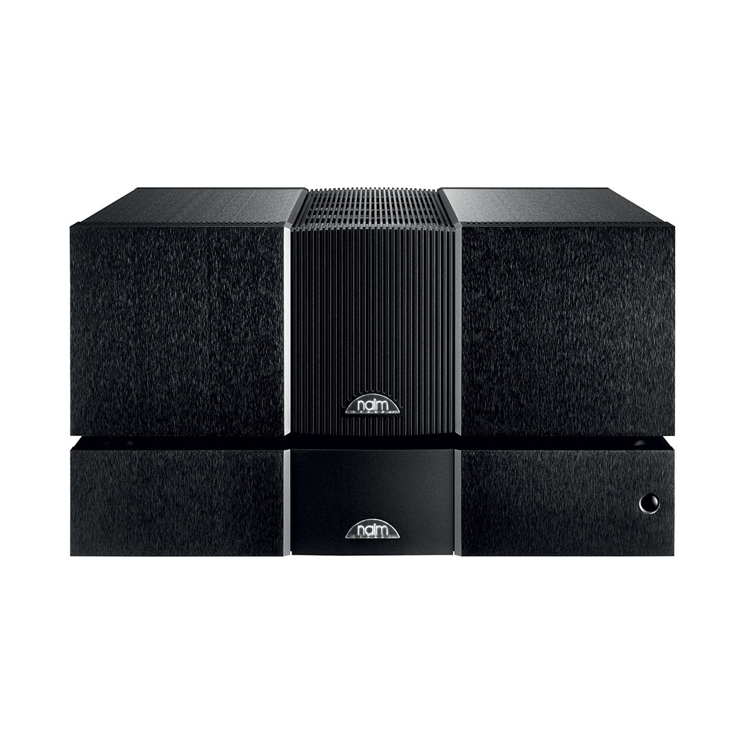 Black Naim audio amplifier on white background.