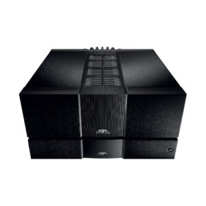 Black high-end audio amplifier top view