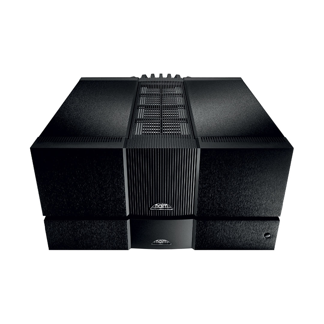 Black high-end audio amplifier top view