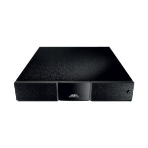 Black audio amplifier device, front view.