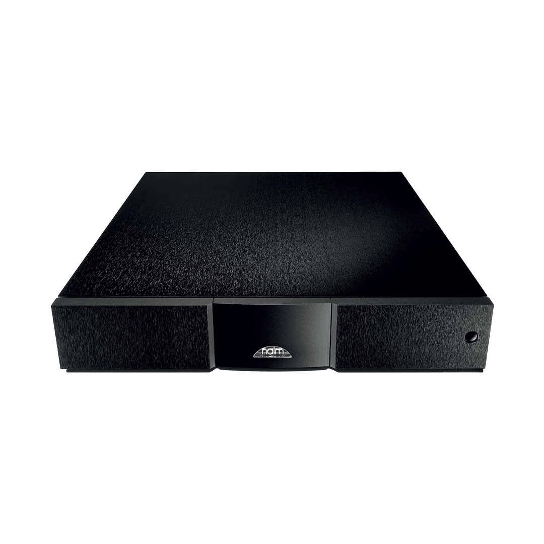 Black audio amplifier device, front view.