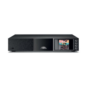 Black audio device with display and controls.