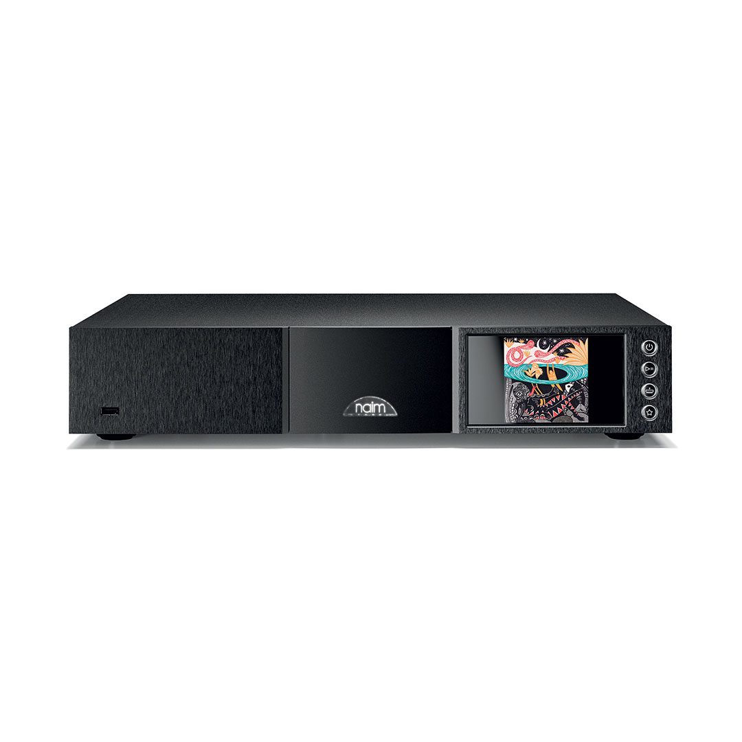 Black audio device with display and controls.