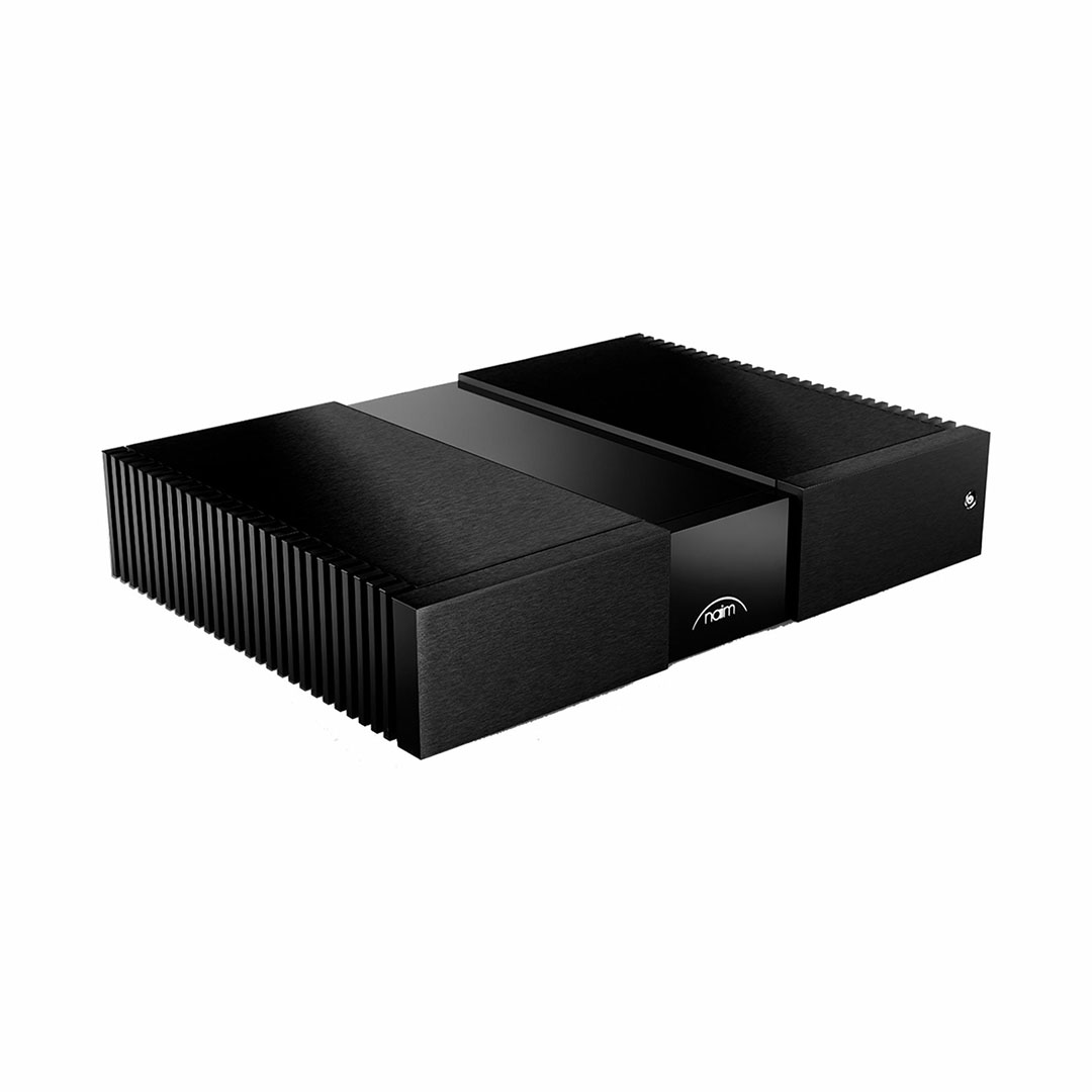Black rectangular audio amplifier with fins
