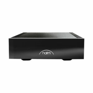 Black Naim audio amplifier front view.