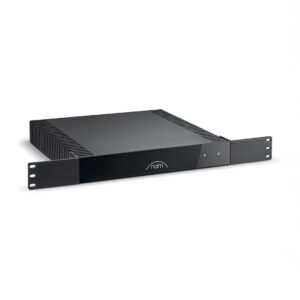 Black audio amplifier with branding and controls