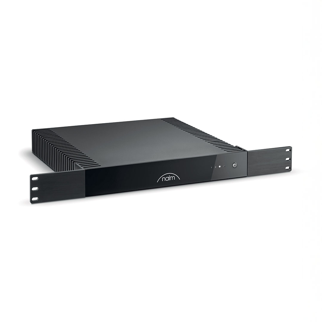 Black audio amplifier with branding and controls