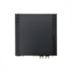 Black electronic device with vents and connectors.