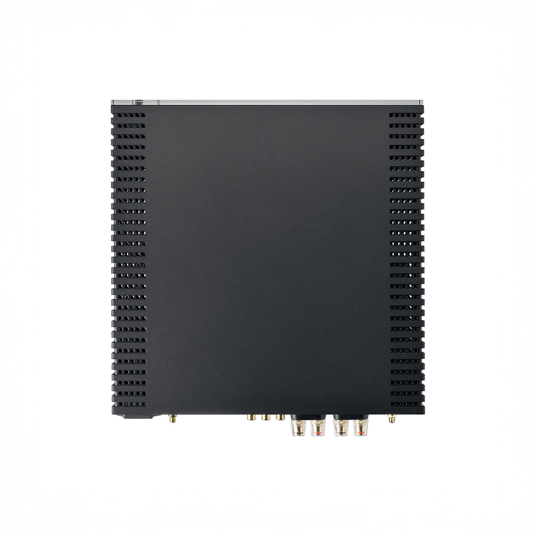 Black electronic device with vents and connectors.