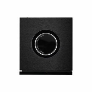 Black subwoofer speaker with circular front design.