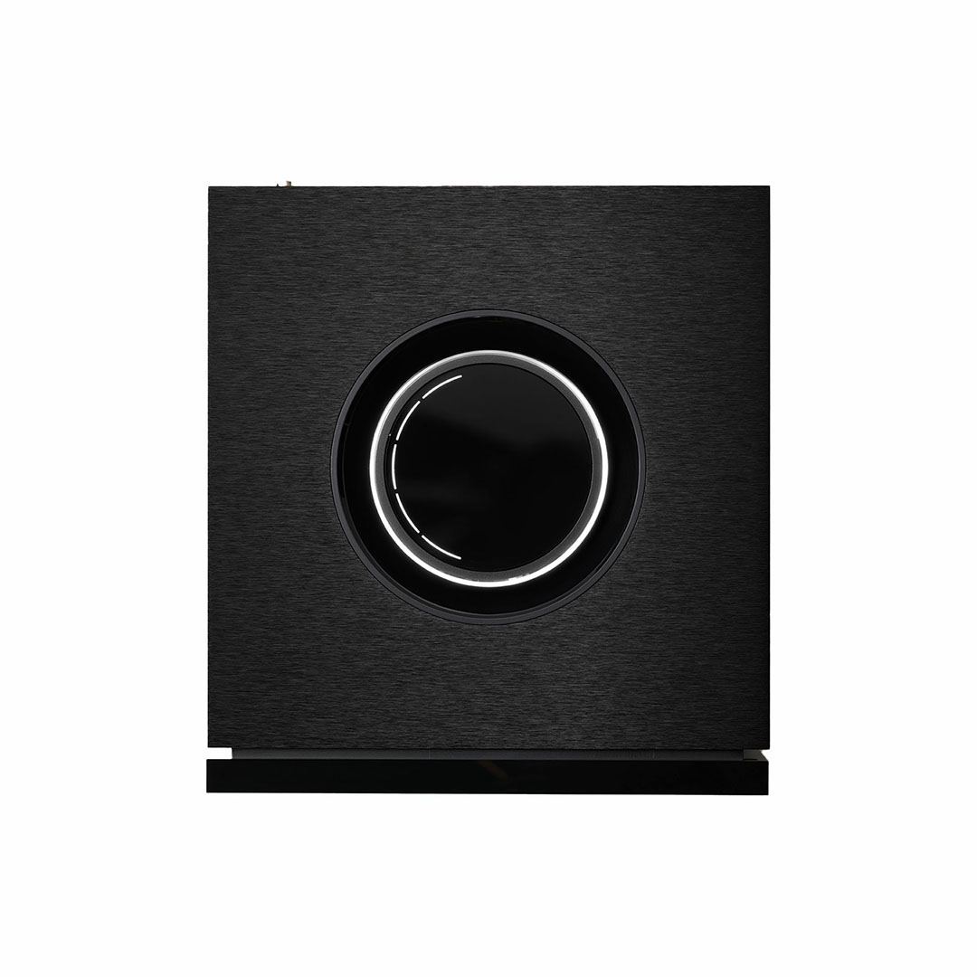 Black subwoofer speaker with circular front design.