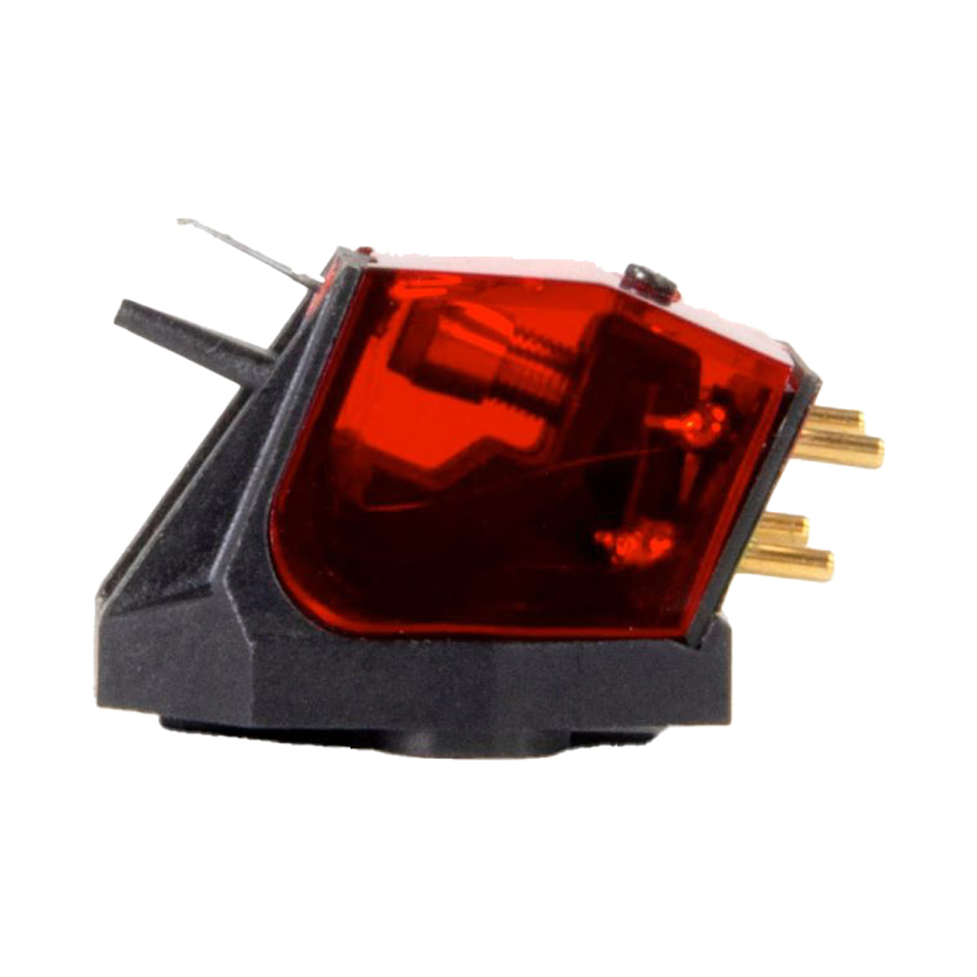 Red turntable cartridge on white background.