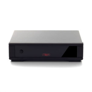Black audio amplifier with red logo.