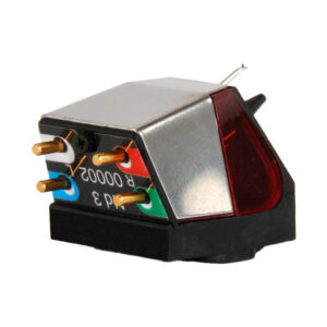 Turntable cartridge with red stylus, side view
