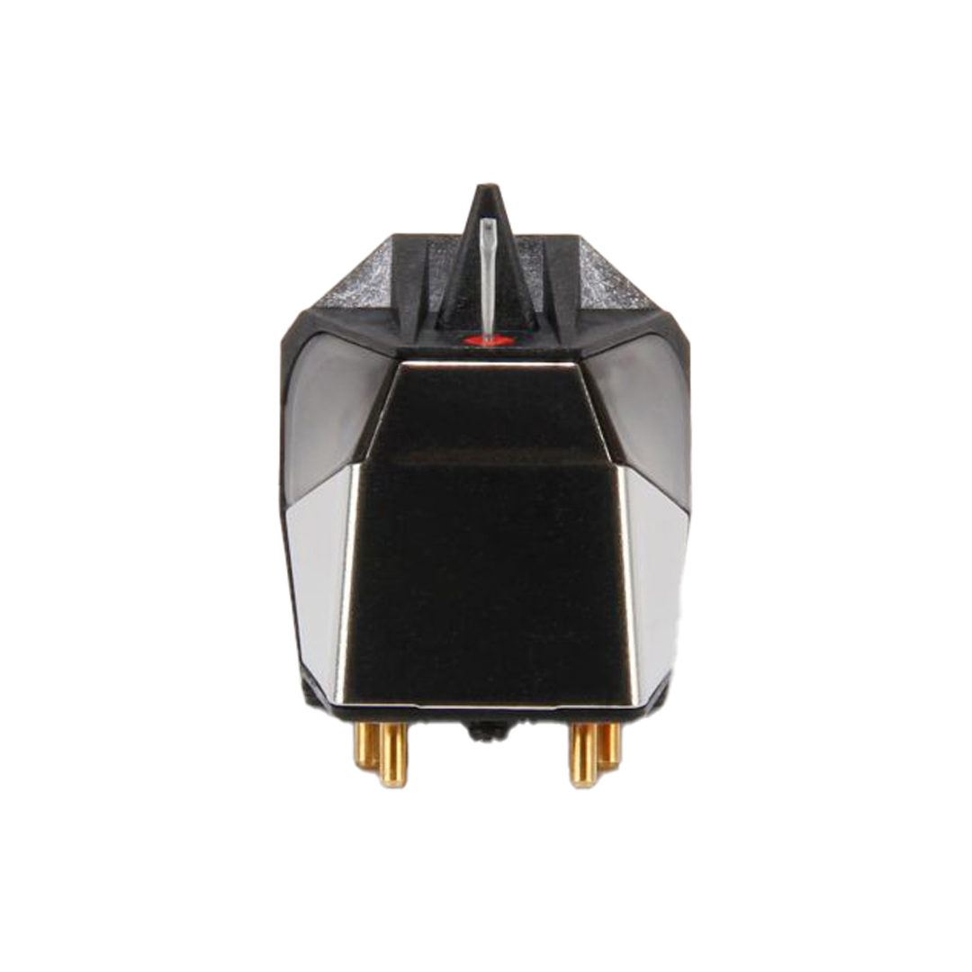 Front view of black audio turntable cartridge